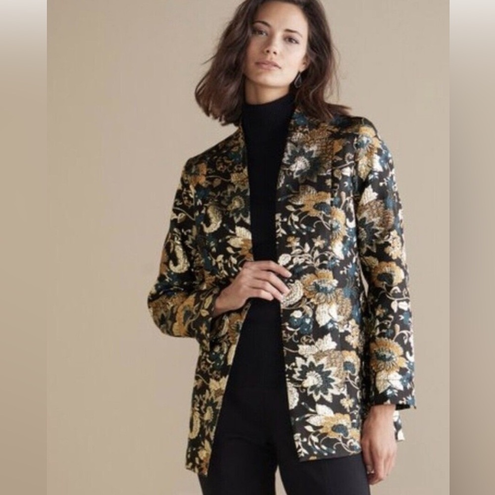 NWT Soft Surroundings Gold‎ Black Floral Jacquard Blazer Jacket XL Party Asian